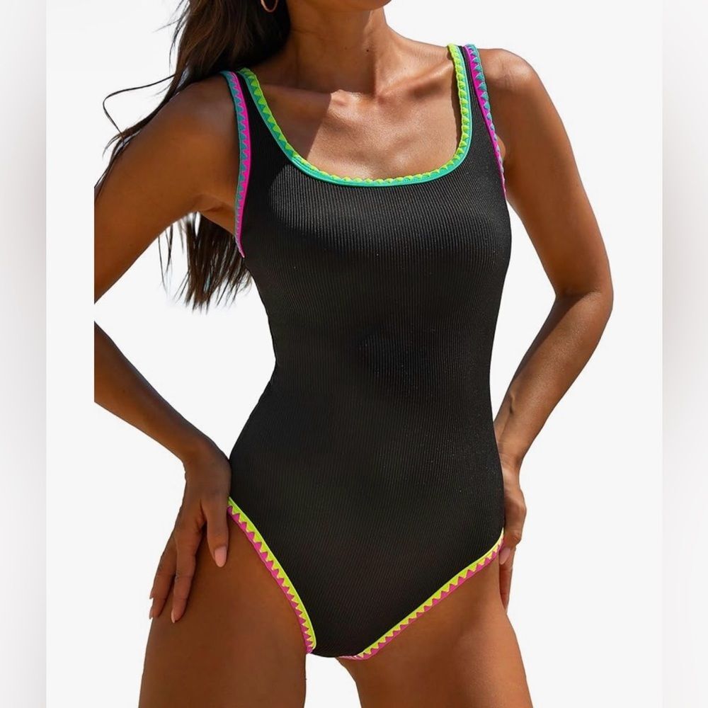 Popvil One Piece Swimsuit Tummy Control Adj Strap Black Neon Color Block M NWT